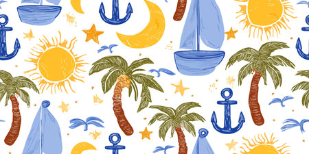 Charming Nautical Beach Theme Seamless Pattern. Summer Sailboat Palm Tree Anchor Ocean Design for...