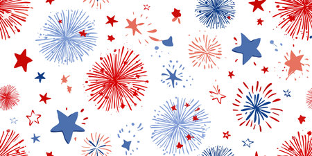 Vibrant Patriotic Red White Blue Fireworks and Stars Seamless Pattern. Festive 4th of July Celebration Design for trendy design, textile, packaging, fabric, wallpaper, branding, stationery, wrapping paper interior decor.のイラスト素材