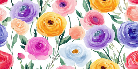Vibrant Watercolor Floral Ranunculus Seamless Pattern. Colorful Botanical Bloom Design for trendy design, textile, packaging, fabric, wallpaper, branding, stationery, wrapping paper interior decor.のイラスト素材