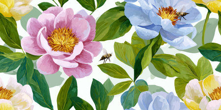 Vibrant Floral Peony and Bee Seamless Pattern. Colorful Botanical Garden Insect Design for trendy design, textile, packaging, fabric, wallpaper, branding, stationery, wrapping paper interior decor.のイラスト素材