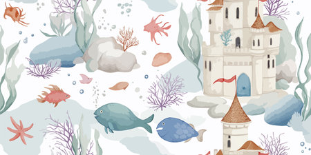 Enchanting Underwater Castle and Marine Life Seamless Pattern. Dreamy Ocean Fish Coral Design for trendy design, textile, packaging, fabric, wallpaper, branding, stationery, wrapping paper interior decor.のイラスト素材