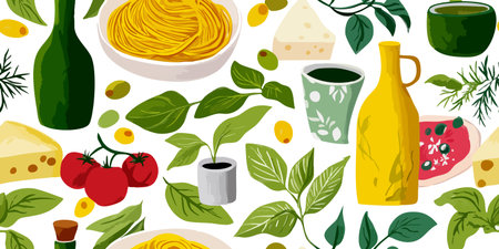 Delicious Italian Cuisine Ingredients Seamless Pattern. Pasta Cheese Tomato Olive Oil Herb Design for trendy design, textile, packaging, fabric, wallpaper, branding, stationery, wrapping paper interior decor.のイラスト素材