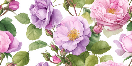 Beautiful Watercolor Pink and Purple Rose Flower Seamless Pattern. Romantic Botanical Bloom Design for trendy design, textile, packaging, fabric, wallpaper, branding, stationery, wrapping paper interior decor.のイラスト素材