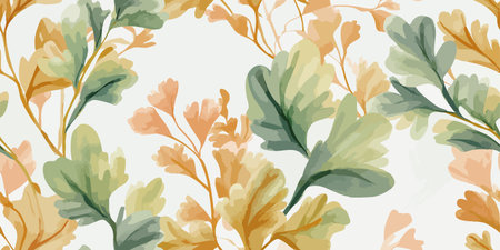 Subtle Watercolor Botanical Leaves and Branches Seamless Pattern. Earthy Tones Foliage Design for trendy design, textile, packaging, fabric, wallpaper, branding, stationery, wrapping paper interior decor.のイラスト素材