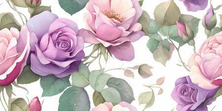 Beautiful Watercolor Pink and Purple Rose Flower Seamless Pattern. Romantic Botanical Bloom Design for trendy design, textile, packaging, fabric, wallpaper, branding, stationery, wrapping paper interior decor.のイラスト素材