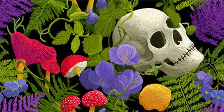 Mystical Forest Skull and Mushroom Floral Seamless Pattern. Enchanting Fantasy Nature Design for trendy design, textile, packaging, fabric, wallpaper, branding, stationery, wrapping paper interior decor.のイラスト素材