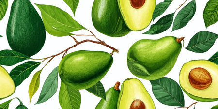 Vibrant Watercolor Green Avocado Fruit Seamless Pattern. Fresh Healthy Food Botanical Design for...