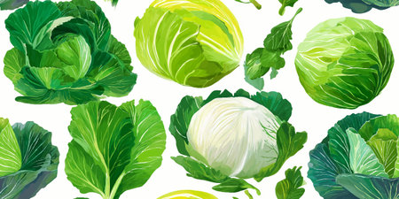 Vibrant Green Cabbage Vegetable Watercolor Seamless Pattern. Fresh Healthy Food Botanical Design for trendy design, textile, packaging, fabric, wallpaper, branding, stationery, wrapping paper interior decor.のイラスト素材