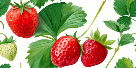 Sweet Strawberry Fruit and Green Leaves Seamless Pattern. Summer Berry Botanical Design for textile, packaging, fabric, wallpaper, branding, stationery, wrapping paper interior decorのイラスト素材