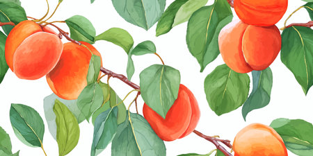 Sweet Apricot and Peach Fruit with Green Leaves Seamless Pattern. Summer Orchard Botanical Design...
