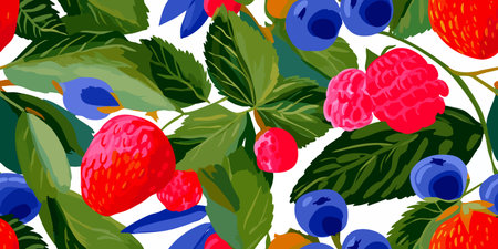 Colorful Berry Assortment and Green Leaves Seamless Pattern. Summer Fruit Harvest Botanical Design for textile, packaging, fabric, wallpaper, branding, stationery, wrapping paper interior decorのイラスト素材