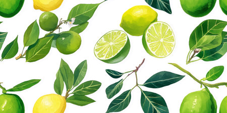 Assorted Lemon and Lime Citrus Fruit with Leaves Seamless Pattern. Fresh Botanical Design for textile, packaging, fabric, wallpaper, branding, stationery, wrapping paper interior decorのイラスト素材