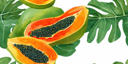 Vibrant Papaya Fruit and Tropical Leaves Seamless Pattern. Exotic Botanical Design for textile, packaging, fabric, wallpaper, branding, stationery, wrapping paper interior decorのイラスト素材