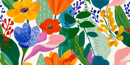 Vibrant and Artistic Wildflower Meadow Seamless Pattern. Colorful Botanical Garden Design for textile, packaging, fabric, wallpaper, branding, stationery, wrapping paper interior decorのイラスト素材