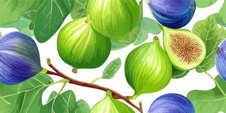 Purple Fig Fruit and Green Leaves Seamless Pattern. Fresh Exotic Botanical Design for textile, packaging, fabric, wallpaper, branding, stationery, wrapping paper interior decorのイラスト素材