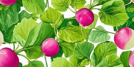 Vibrant Radish and Green Leaves Seamless Pattern. Fresh Garden Vegetable Botanical Design for textile, packaging, fabric, wallpaper, branding, stationery, wrapping paper interior decorのイラスト素材