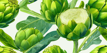 Green Artichoke Botanical Seamless Pattern. Healthy Vegetable Food Design for textile, packaging, fabric, wallpaper, branding, stationery, wrapping paper interior decor.のイラスト素材
