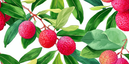 Vibrant Lychee Fruit and Green Leaves Seamless Pattern. Tropical Exotic Botanical Design for textile, packaging, fabric, wallpaper, branding, stationery, wrapping paper interior decorのイラスト素材
