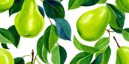 Fresh Pear Fruit and Leaves Seamless Pattern. Juicy Botanical Harvest Design for textile, packaging, fabric, wallpaper, branding, stationery, wrapping paper interior decorのイラスト素材