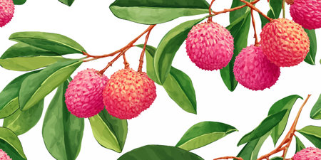Vibrant Lychee Fruit and Green Leaves Seamless Pattern. Tropical Exotic Botanical Design for textile, packaging, fabric, wallpaper, branding, stationery, wrapping paper interior decorのイラスト素材