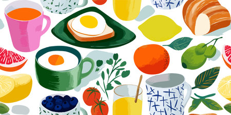 Vibrant Breakfast Food and Drink Seamless Pattern. Modern Morning Meal Design for textile, packaging, fabric, wallpaper, branding, stationery, wrapping paper interior decorのイラスト素材
