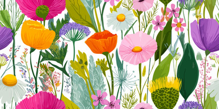 Vibrant Wildflower Meadow and Botanical Foliage Seamless Pattern. Colorful Floral Garden Design for textile, packaging, fabric, wallpaper, branding, stationery, wrapping paper interior decorのイラスト素材