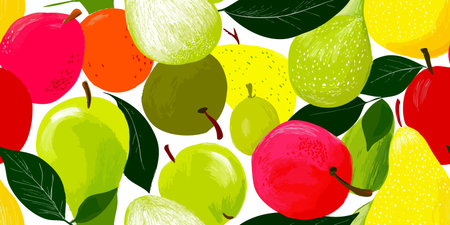 Assorted Fruit Varieties and Leaves Seamless Pattern. Modern Harvest Botanical Design for textile,...