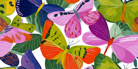 Vibrant and Colorful Butterfly and Leaf Seamless Pattern. Whimsical Nature Design for textile, packaging, fabric, wallpaper, branding, stationery, wrapping paper interior decor.のイラスト素材