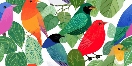 Vibrant Tropical Birds and Exotic Leaves Seamless Pattern. Abstract Jungle Botanical Design for...