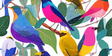 Vibrant Tropical Birds on Branches Seamless Pattern. Colorful Exotic Avian Design for textile,...