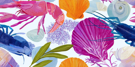 Colorful Underwater Ocean Life Seamless Pattern. Marine Creature and Coral Reef Design for textile,...