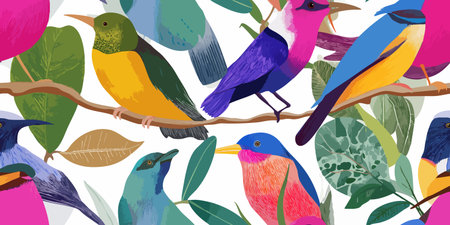 Vibrant Tropical Birds on Branches Seamless Pattern. Colorful Exotic Avian Design for textile, packaging, fabric, wallpaper, branding, stationery, wrapping paper interior decorのイラスト素材