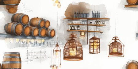 Rustic Winery or Brewery Interior Hand-Drawn Seamless Pattern. Barrels, Bottles, and Lighting...