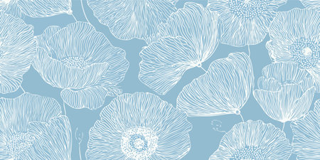 Delicate Floral Outline Seamless Pattern Abstract Botanical Print in Soft Blue White for Fabric Design.のイラスト素材