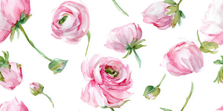 Watercolor Ranunculus Seamless Pattern Delicate Floral Vector Print for design, textile, packaging,...