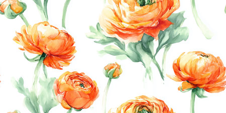 Watercolor Ranunculus Seamless Pattern Soft Floral Vector Print for design, textile, packaging,...