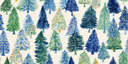 seamless pattern of whimsical, colorful Christmas trees with festive decorations, perfect for...
