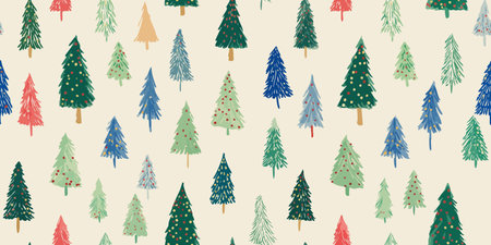 modern seamless pattern of watercolor Christmas trees in muted green, blue, and red tones, for...
