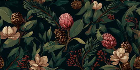 An elegant seamless pattern of detailed, line-art peonies and leaves in muted, dark, moody tones,...