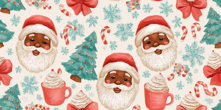 retro seamless pattern with cartoon Black skin Santa faces, Christmas trees, candy canes, and hot...