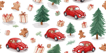 A whimsical watercolor seamless pattern featuring classic red cars, festive pine trees, gingerbread...