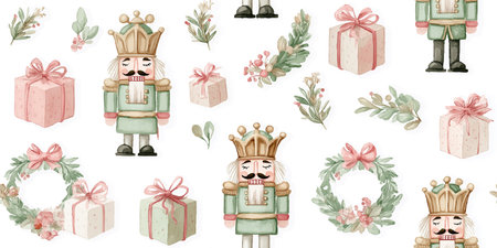 A festive watercolor seamless pattern with a soft green Nutcracker soldier, delicate wreaths, and...