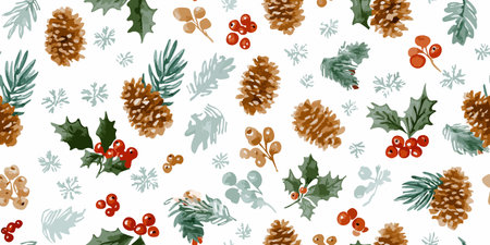Watercolor pine cones, holly berries, and evergreen foliage Christmas seamless repeating pattern for...