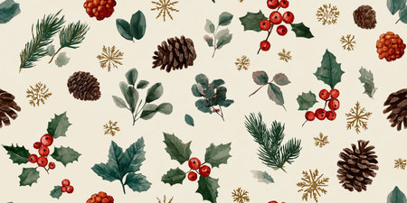 Watercolor pine cones, holly berries, and evergreen foliage Christmas seamless repeating pattern for...