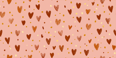 Boho-chic seamless pattern with hand-drawn hearts and confetti dots in earthy tones for fabrics,...