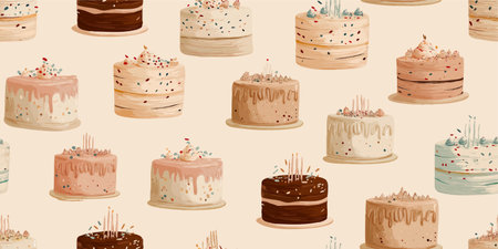 Sweet vector pattern of layered birthday cakes with confetti and frosting drizzle in soft pastel and...