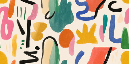 Abstract modern seamless pattern of painted colorful brushstrokes and geometric shapes for trendy...