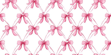 Watercolor ribbon bows seamless pattern in bright pink arranged in a diamond trellis design for feminine fabrics, wallpapers, and stationery.のイラスト素材