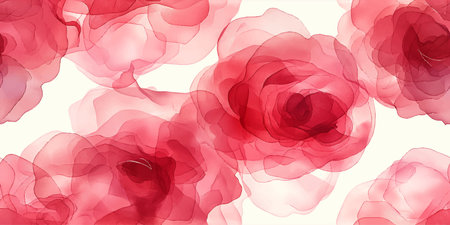 Abstract fluid art seamless pattern of large, layered red and pink watercolor rose blooms on a light background for luxury design.のイラスト素材