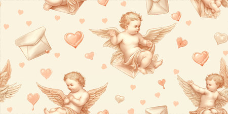 Romantic vintage seamless pattern of angelic cherubs and hearts with love letters on a soft neutral background for stationery and fabrics.のイラスト素材